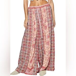 POL Pink and Red Plaid and Floral Wide Leg Pants